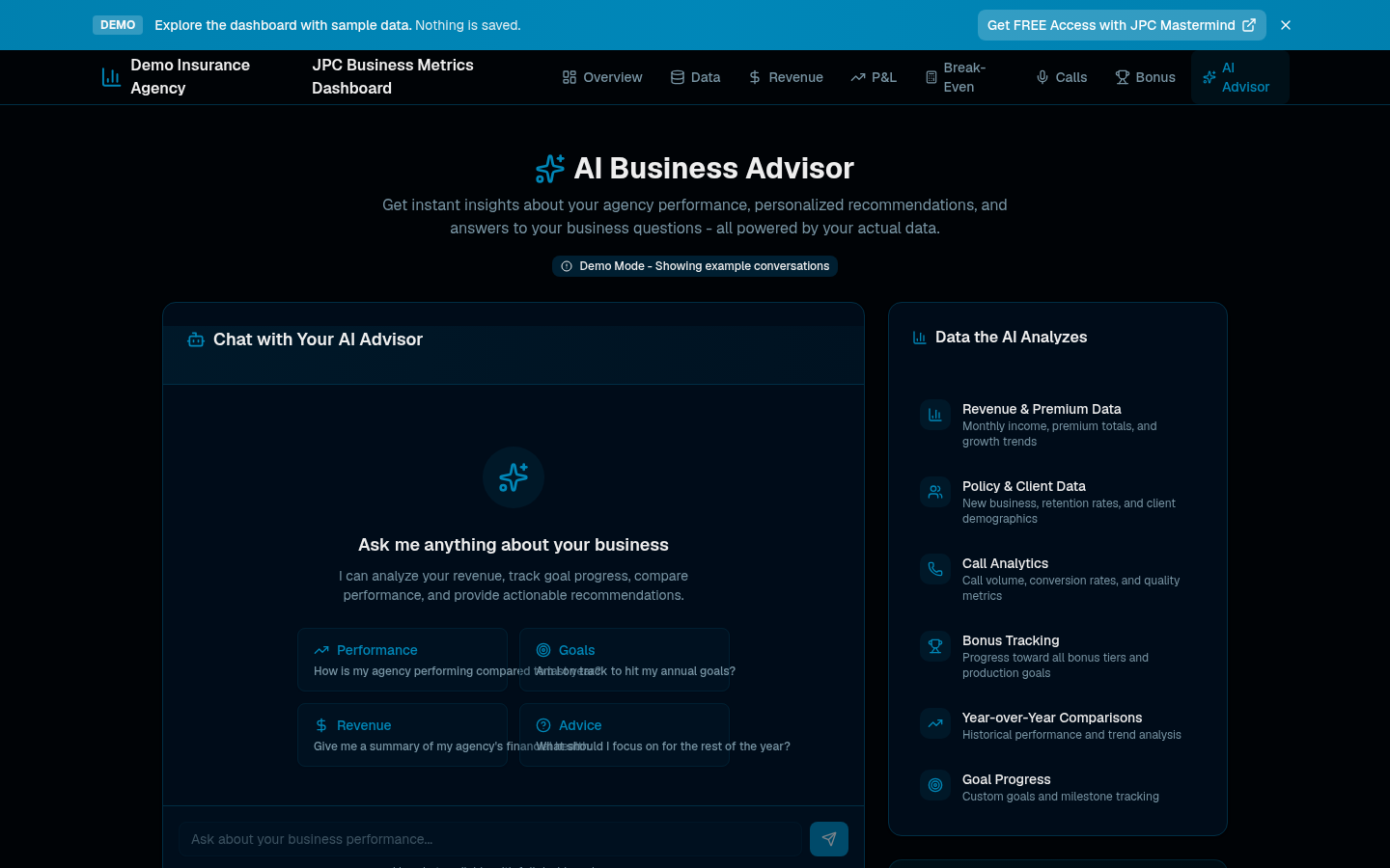AI Business Advisor chat interface with suggested questions