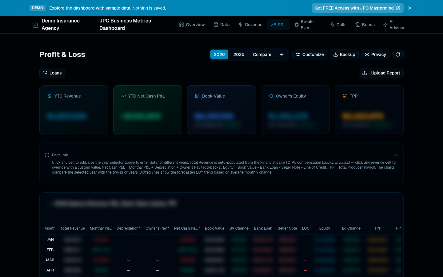 Profit and loss page with editable monthly financial table